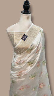 White Pure Mango Silk Banarasi Handloom Saree - The Handlooms