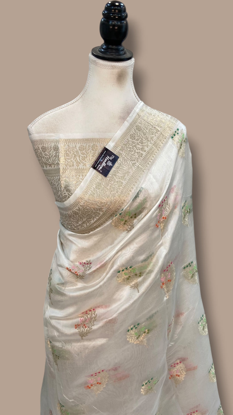 White Pure Mango Silk Banarasi Handloom Saree - The Handlooms