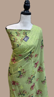 Pure Georgette Chikankari With Digital print Handloom Banarasi Saree - The Handlooms