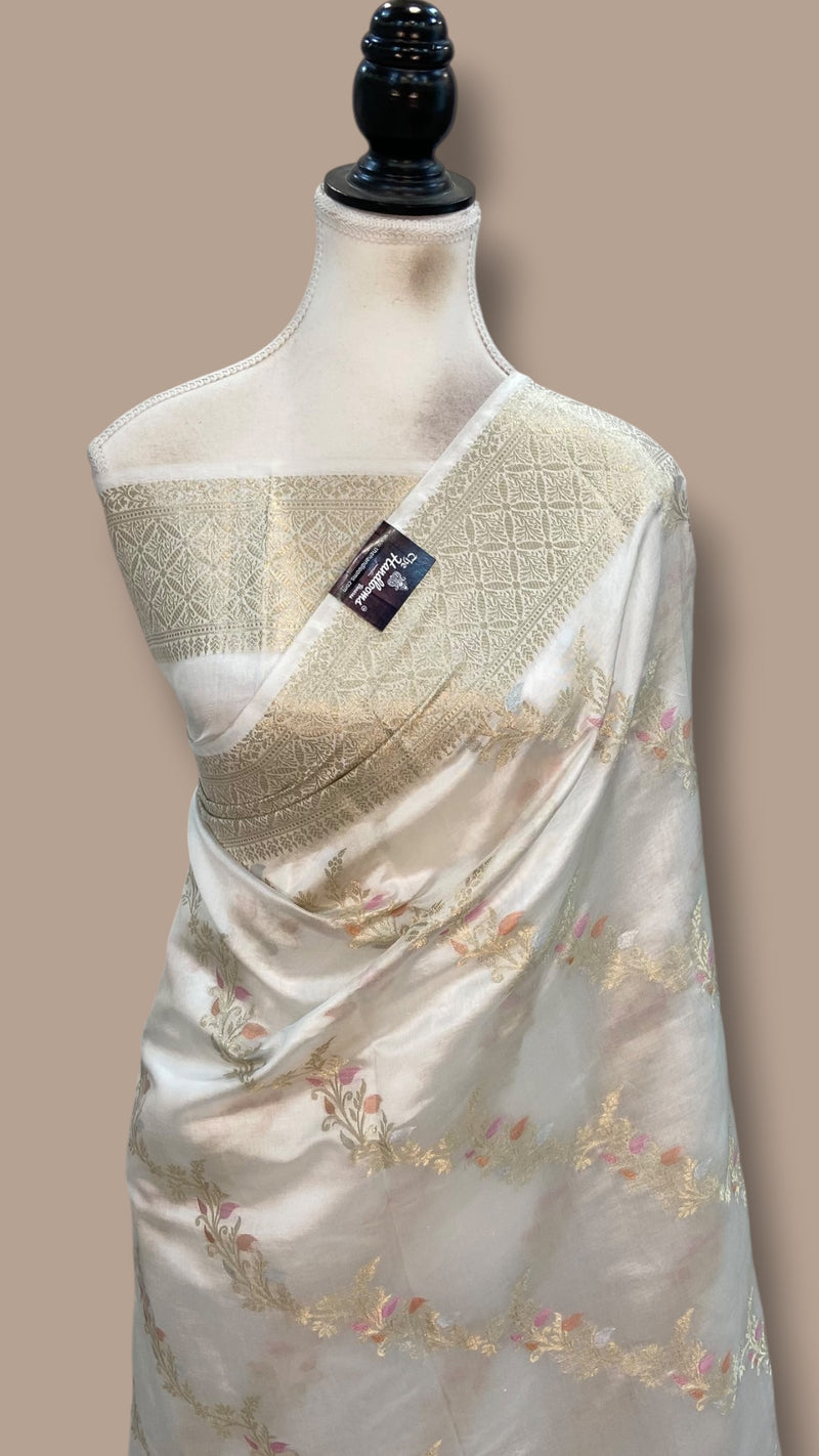 White Pure Mango Silk Banarasi Handloom Saree - The Handlooms
