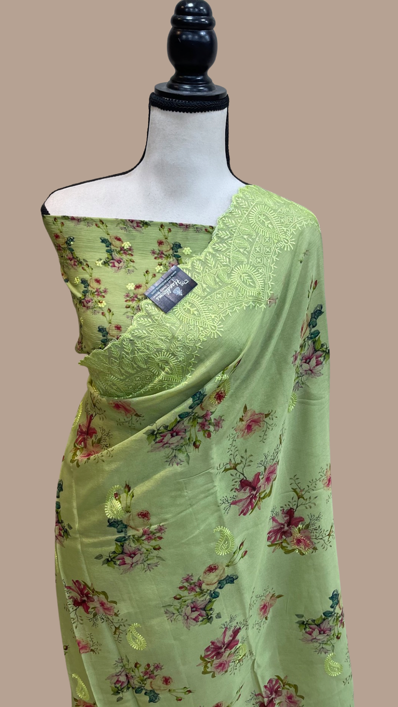 Pure Georgette Chikankari With Digital print Handloom Banarasi Saree - The Handlooms