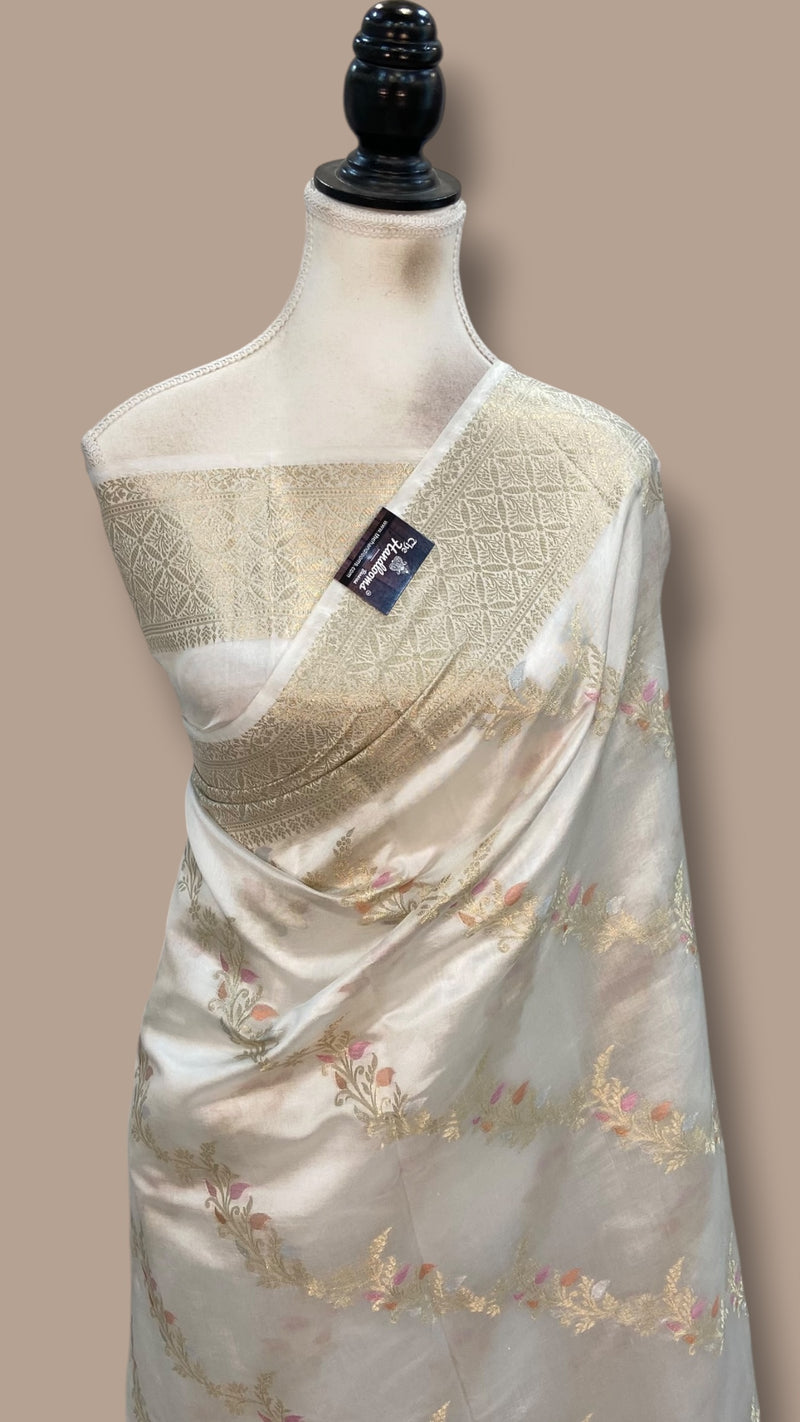 White Pure Mango Silk Banarasi Handloom Saree - The Handlooms