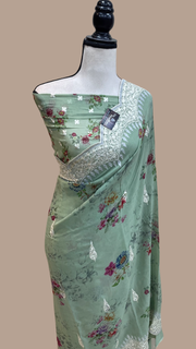 Pure Georgette Chikankari With Digital print Handloom Banarasi Saree - The Handlooms