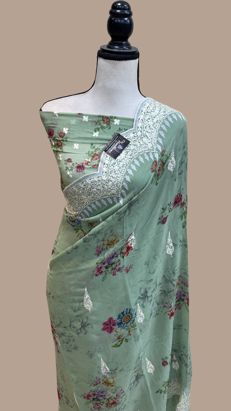 Pure Georgette Chikankari With Digital print Handloom Banarasi Saree - The Handlooms