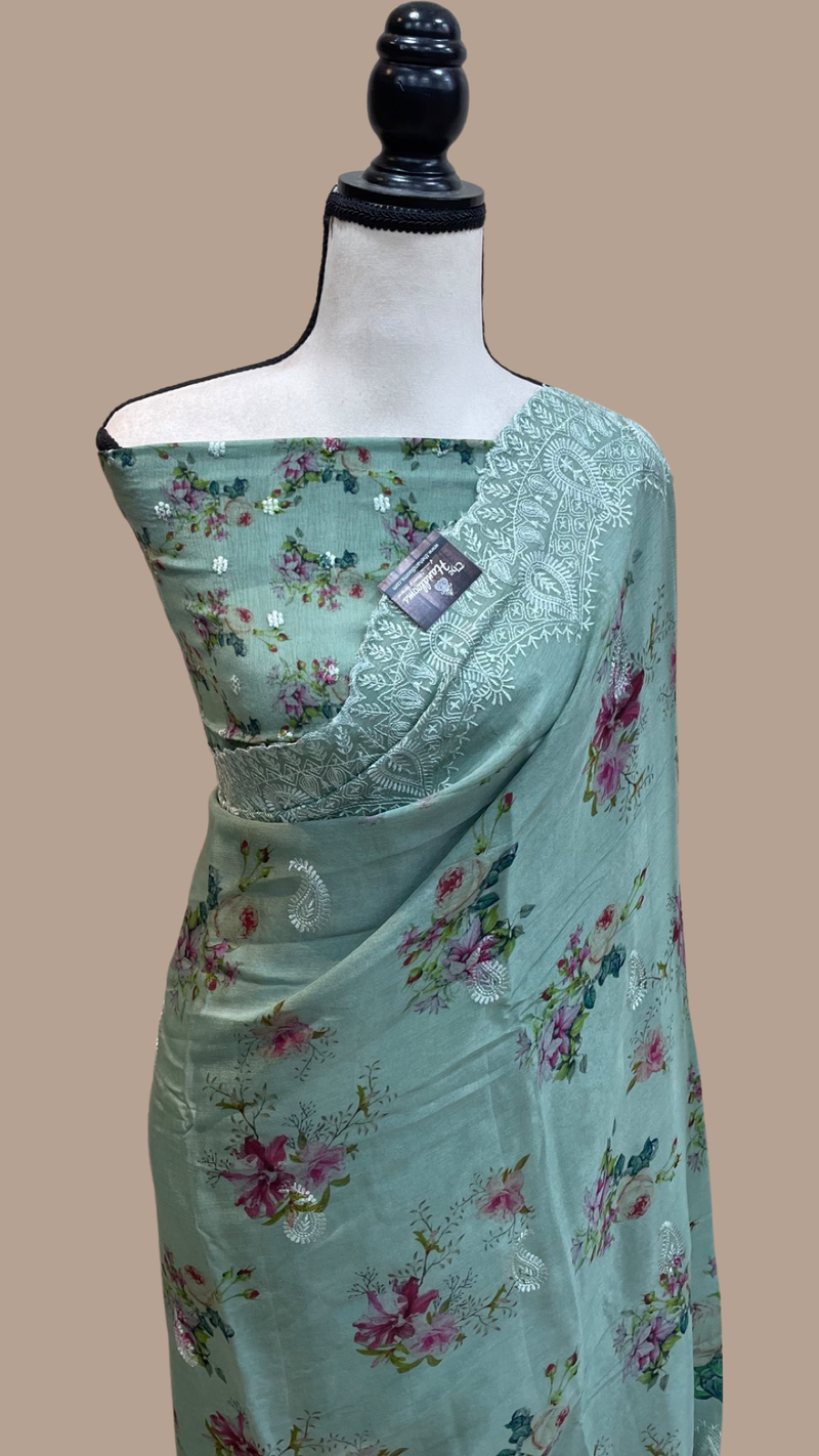 Pure Georgette Chikankari With Digital print Handloom Banarasi Saree - The Handlooms