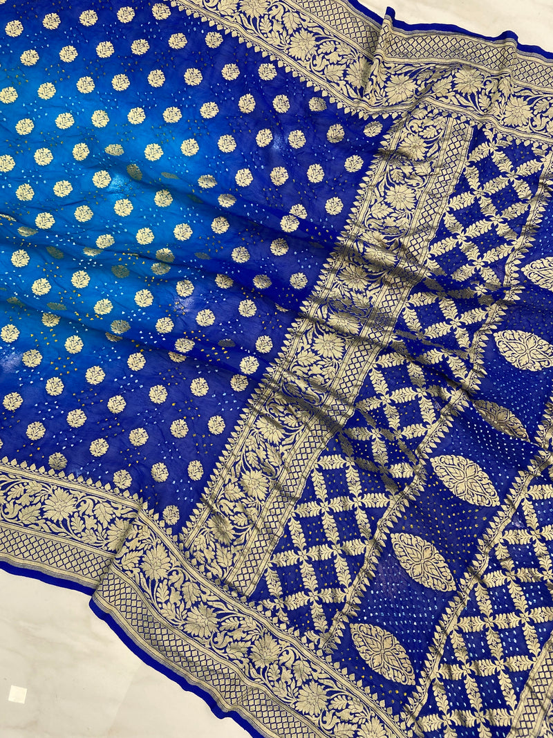 Dual Shade Pure Georgette Banarasi Bandhej Handloom Saree - The Handlooms