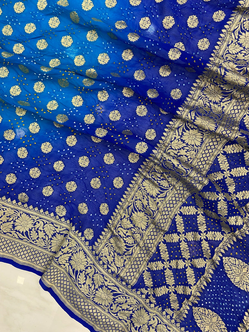 Dual Shade Pure Georgette Banarasi Bandhej Handloom Saree - The Handlooms