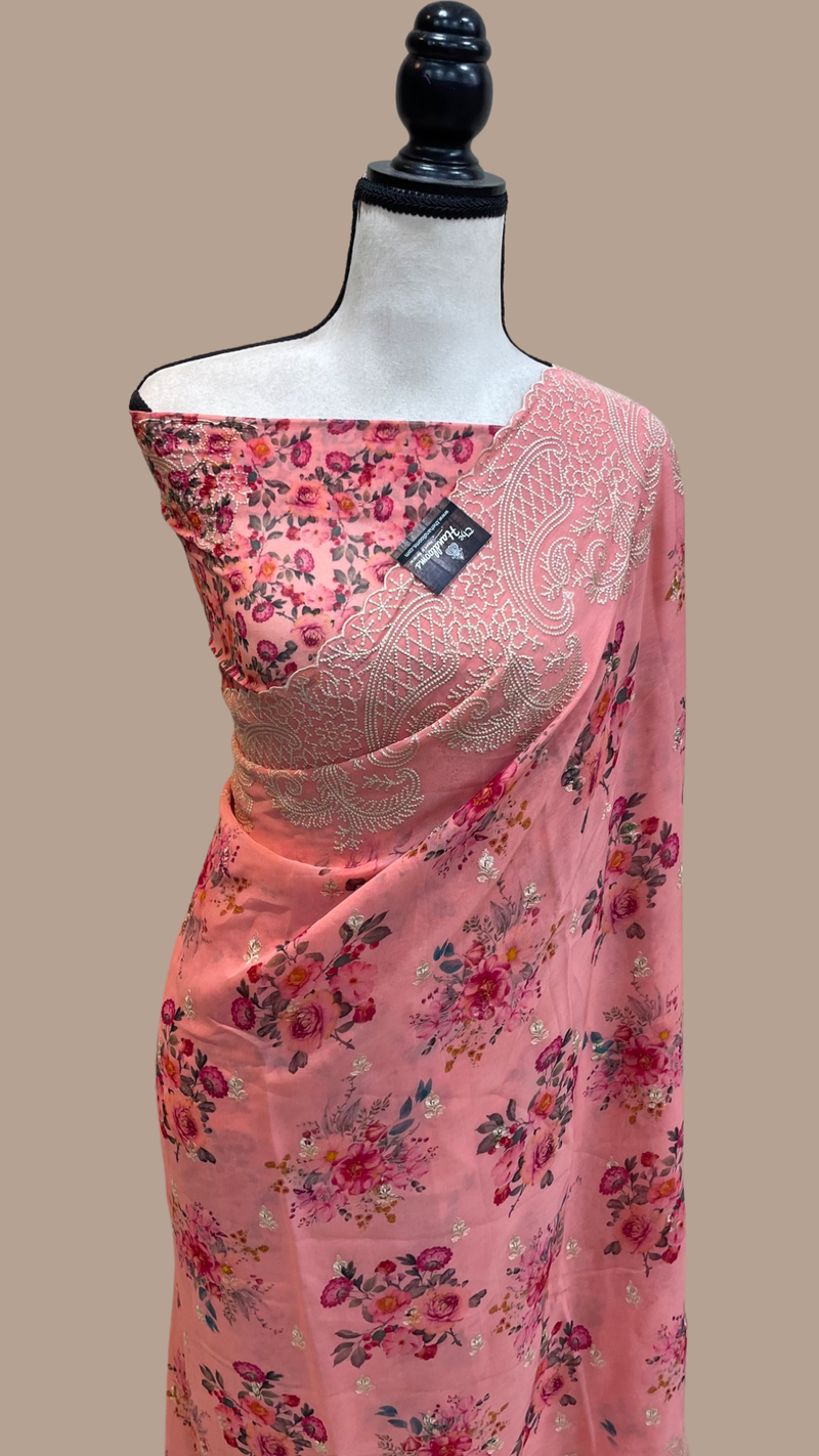 Pure Georgette Chikankari With Digital print Handloom Banarasi Saree - The Handlooms