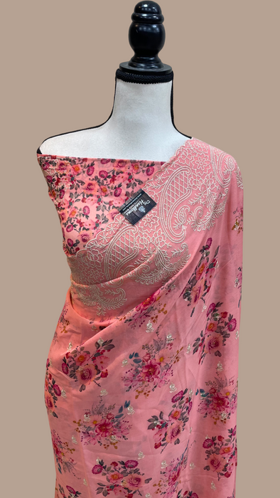 Pure Georgette Chikankari With Digital print Handloom Banarasi Saree