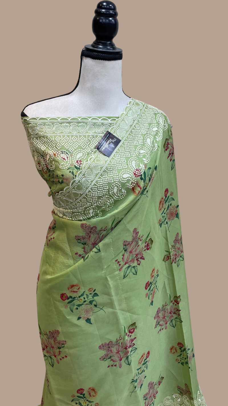 Pure Georgette Chikankari With Digital print Handloom Banarasi Saree - The Handlooms