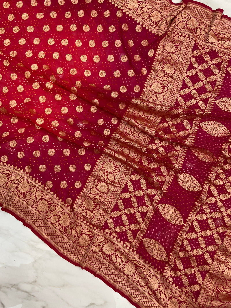 Dual Shade Pure Georgette Banarasi Bandhej Handloom Saree - The Handlooms