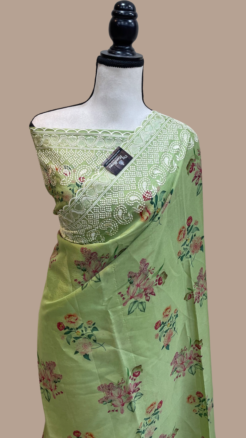Pure Georgette Chikankari With Digital print Handloom Banarasi Saree - The Handlooms