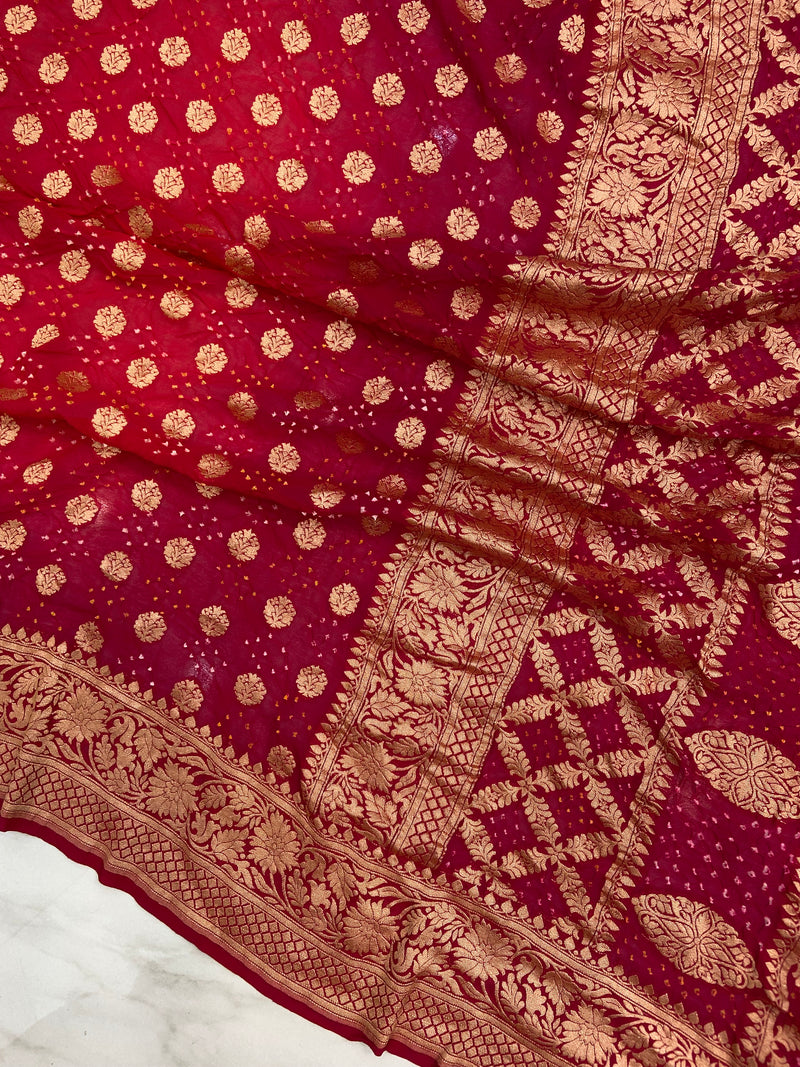 Dual Shade Pure Georgette Banarasi Bandhej Handloom Saree - The Handlooms