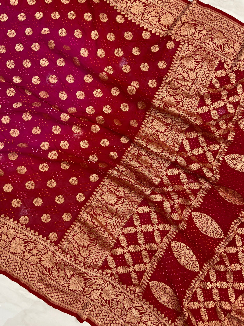 Dual Shade Pure Georgette Banarasi Bandhej Handloom Saree - The Handlooms