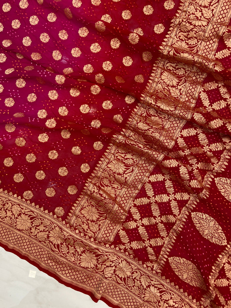 Dual Shade Pure Georgette Banarasi Bandhej Handloom Saree - The Handlooms