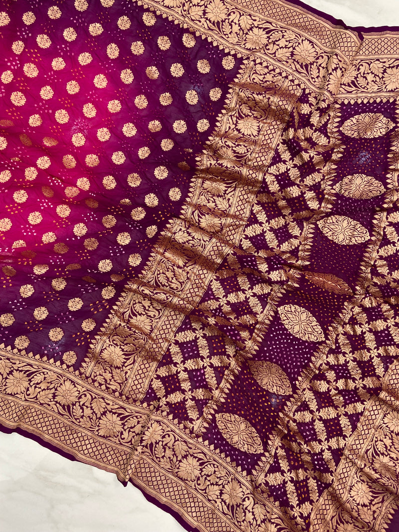 Dual Shade Pure Georgette Banarasi Bandhej Handloom Saree - The Handlooms