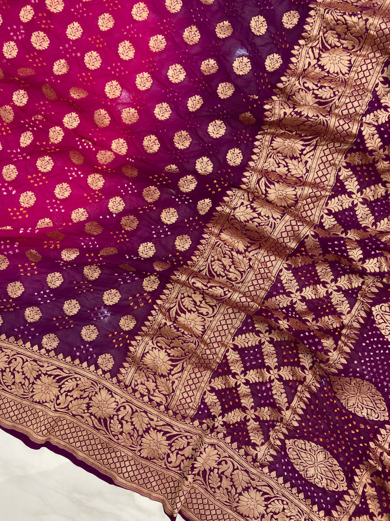 Dual Shade Pure Georgette Banarasi Bandhej Handloom Saree - The Handlooms