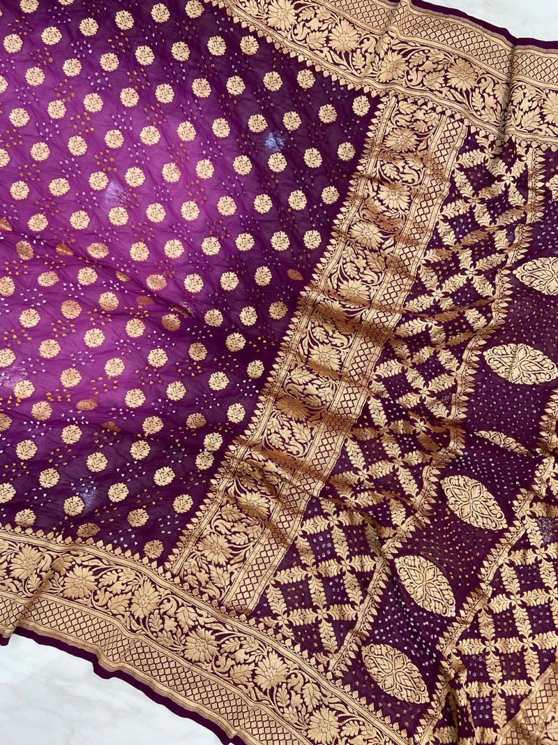 Dual Shade Pure Georgette Banarasi Bandhej Handloom Saree - The Handlooms