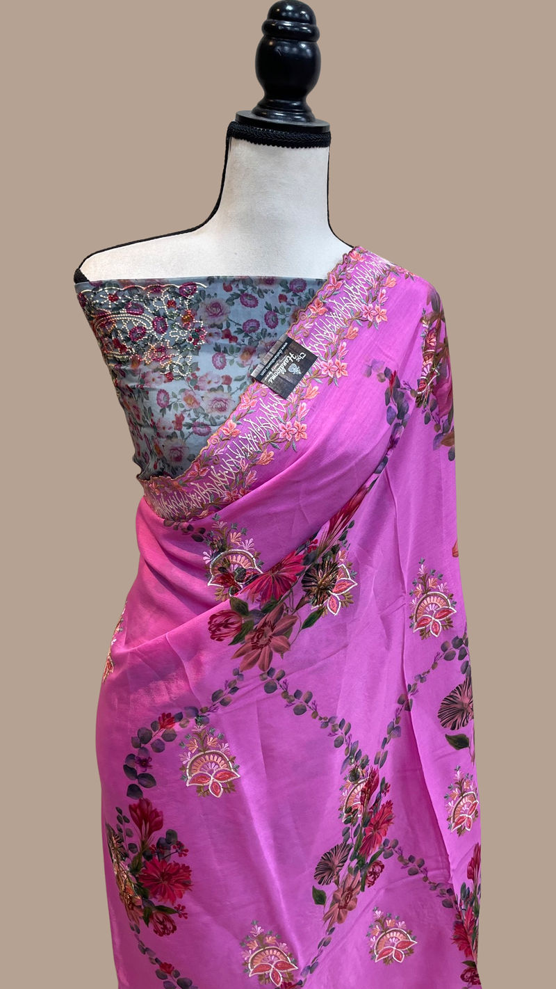 Pure Georgette Chikankari With Digital print Handloom Banarasi Saree - The Handlooms