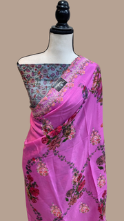 Pure Georgette Chikankari With Digital print Handloom Banarasi Saree - The Handlooms
