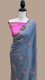 Pure Georgette Chikankari Handloom Banarasi Saree - The Handlooms