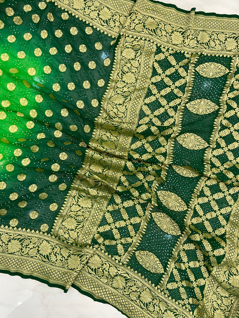 Dual Shade Pure Georgette Banarasi Bandhej Handloom Saree - The Handlooms