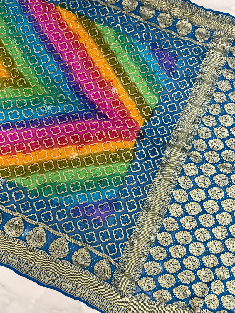 Pure Georgette Banarasi Bandhej Handloom Saree Multi shade - The Handlooms