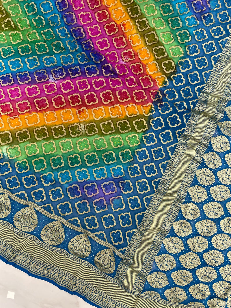 Pure Georgette Banarasi Bandhej Handloom Saree Multi shade - The Handlooms