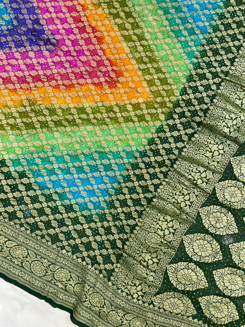 Pure Georgette Banarasi Bandhej Handloom Saree Multi shade - The Handlooms
