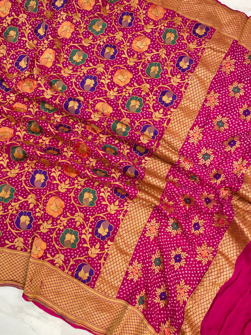 Pure Georgette Banarasi Bandhej Handloom Dupatta With Meenakari - The Handlooms