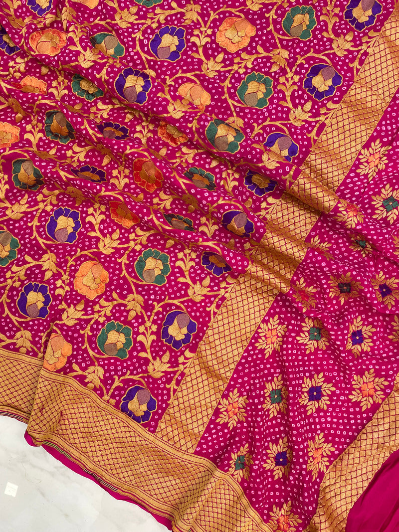 Pure Georgette Banarasi Bandhej Handloom Dupatta With Meenakari - The Handlooms