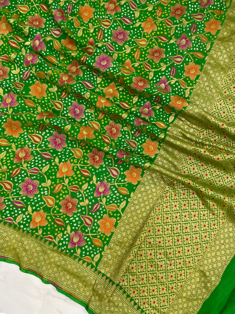 Pure Georgette Banarasi Bandhej Handloom Dupatta With Meenakari - The Handlooms