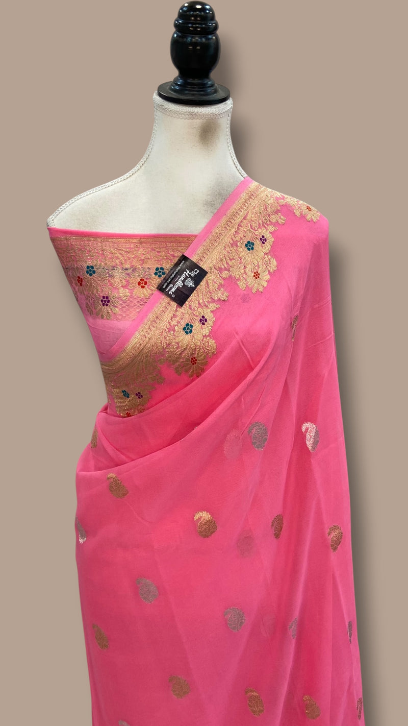 Handloom Banarasi Khaddi Georgette Saree | All-Over Sona Roopa Kadua Motifs & Meenakari