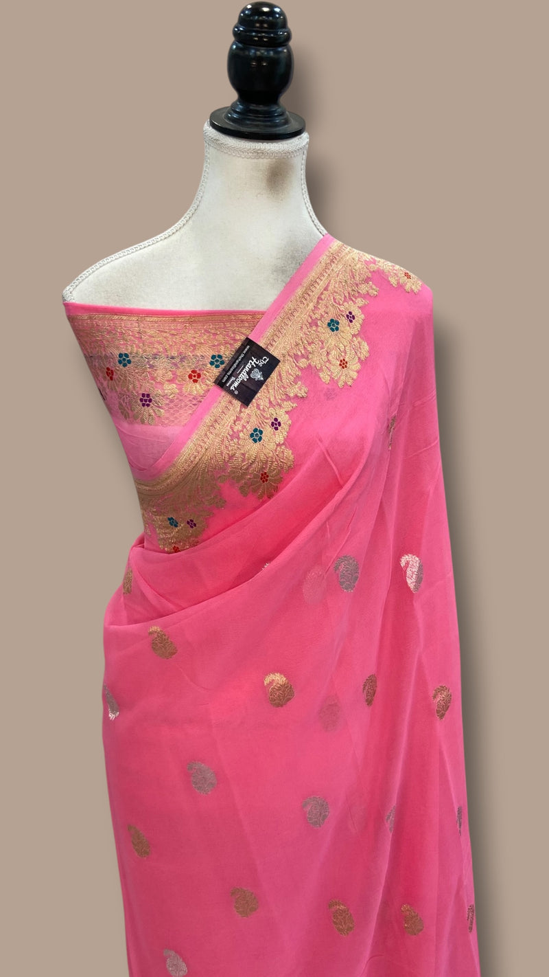 Handloom Banarasi Khaddi Georgette Saree | All-Over Sona Roopa Kadua Motifs & Meenakari