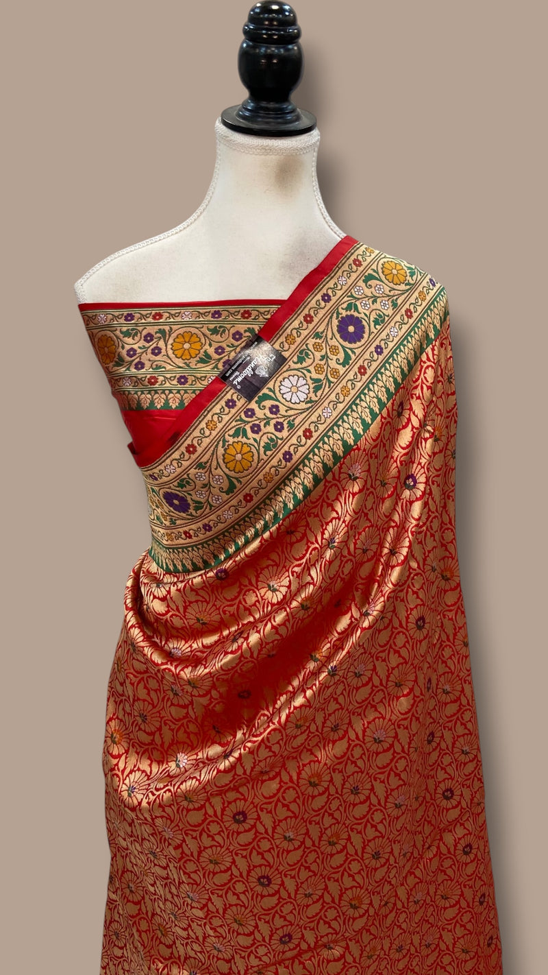 Regal Pure Katan Silk Banarasi Saree – Handwoven Tanchui Brocade With Meenakari