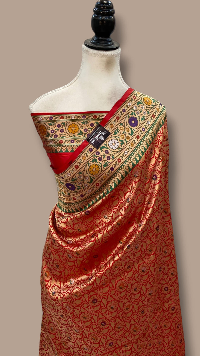Regal Pure Katan Silk Banarasi Saree – Handwoven Tanchui Brocade With Meenakari - The Handlooms