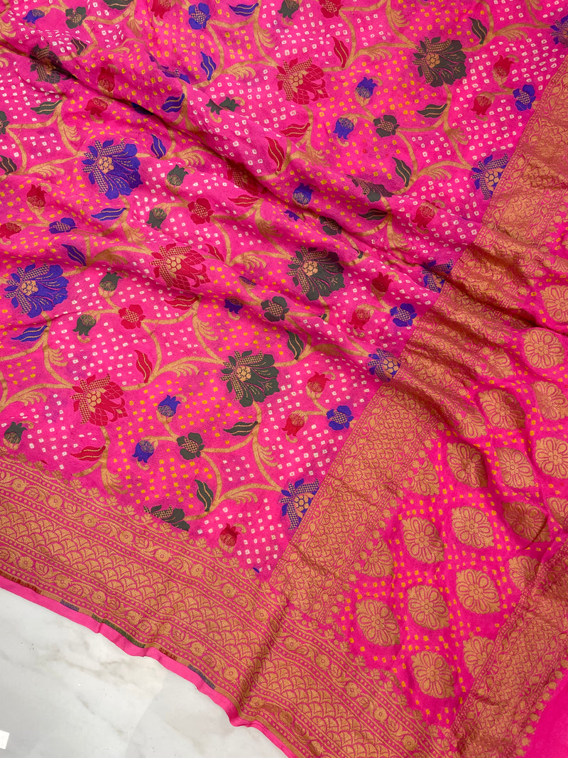 Pure Georgette Banarasi Bandhej Handloom Dupatta With Meenakari - The Handlooms