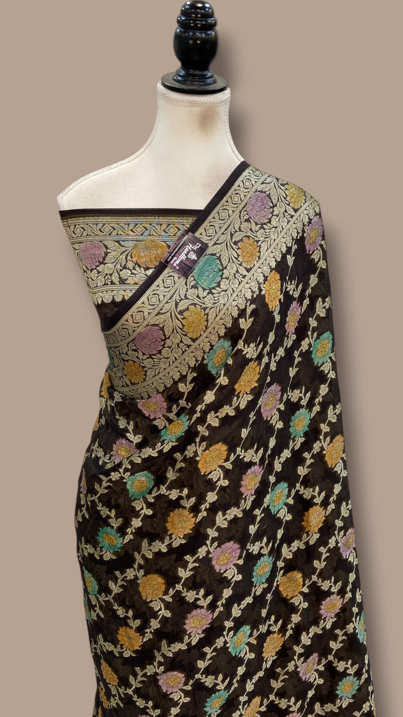 Black Pure Chiffon Khaddi Banarasi Saree - The Handlooms