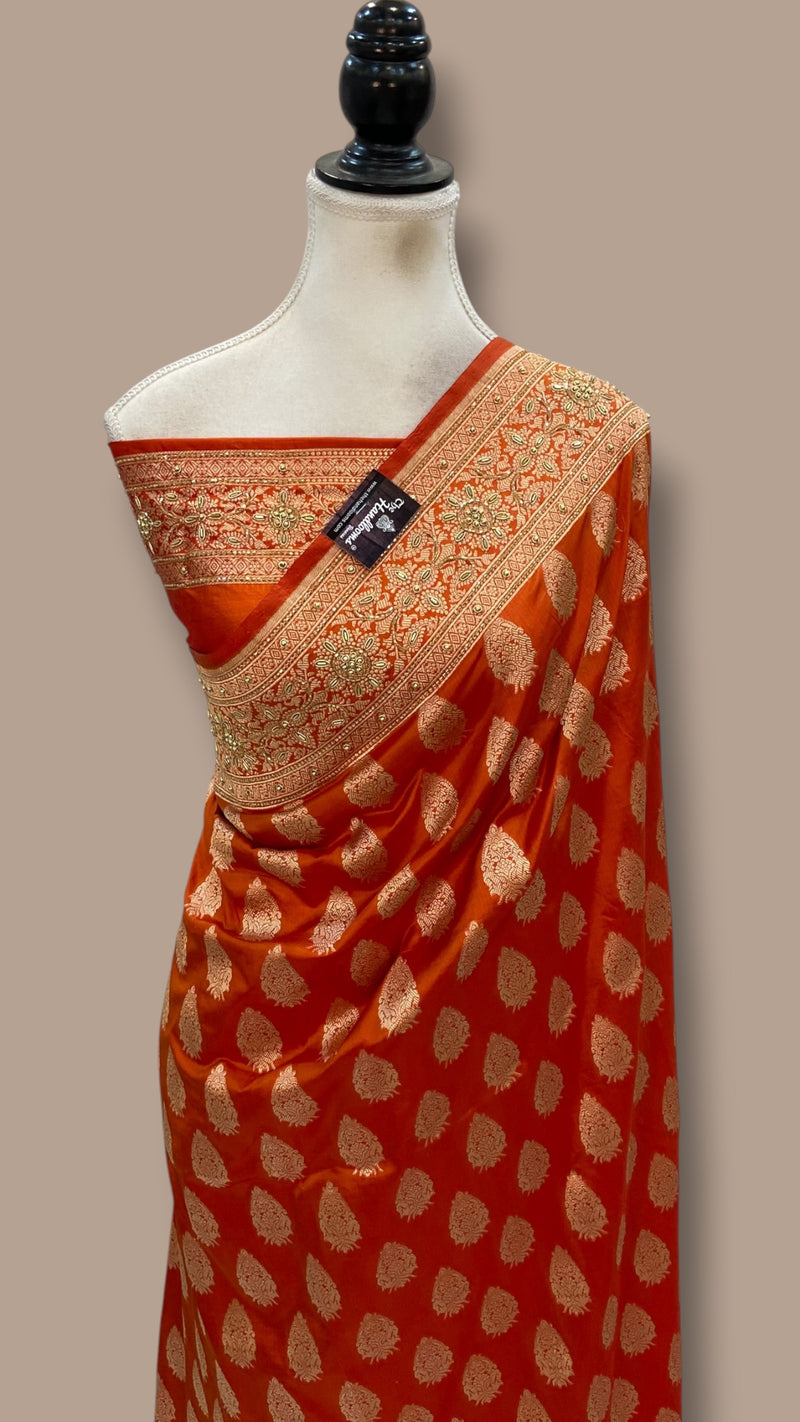 Red Pure Katan Silk Banarasi Handloom Saree - All Over Boota With Zardosi Handwork