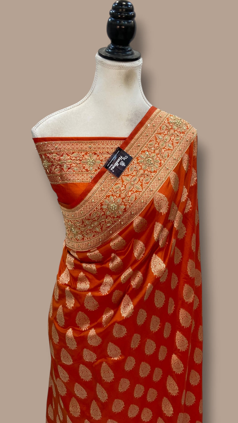 Red Pure Katan Silk Banarasi Handloom Saree - All Over Boota With Zardosi Handwork