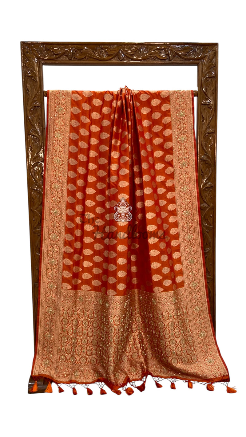 Red Pure Katan Silk Banarasi Handloom Saree - All Over Boota With Zardosi Handwork