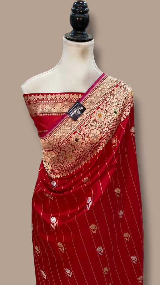 Red Pure Katan Silk Banarasi Handloom Saree - All Over Kadua Motifs - The Handlooms