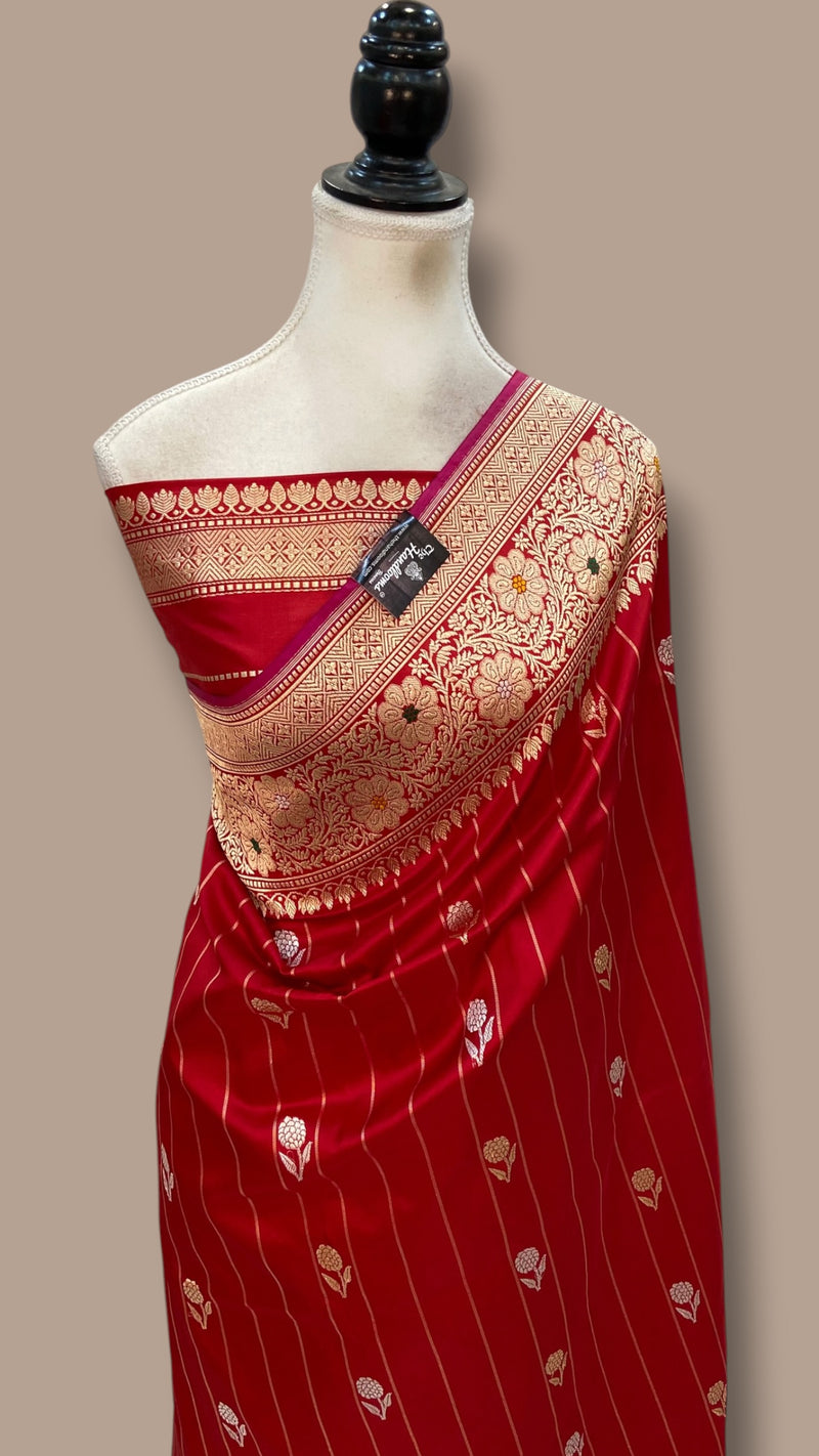 Red Pure Katan Silk Banarasi Handloom Saree - All Over Kadua Motifs
