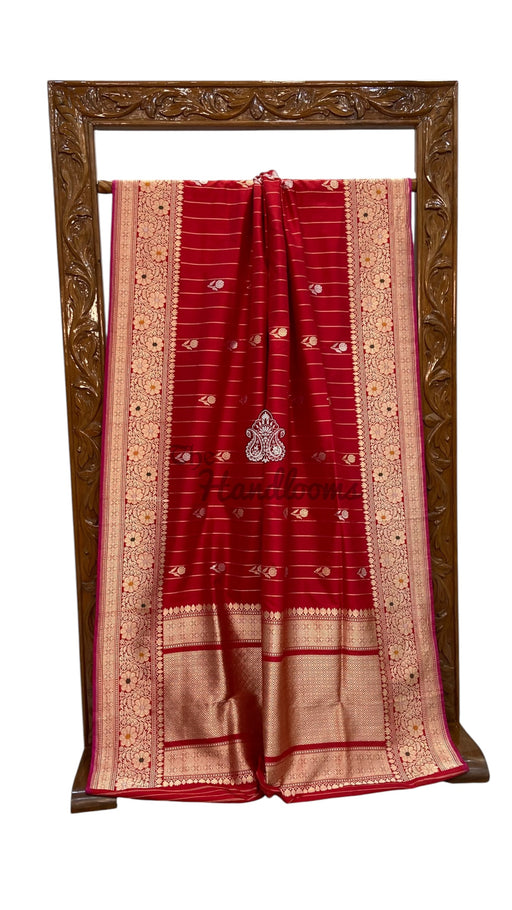 Red Pure Katan Silk Banarasi Handloom Saree - All Over Kadua Motifs - The Handlooms