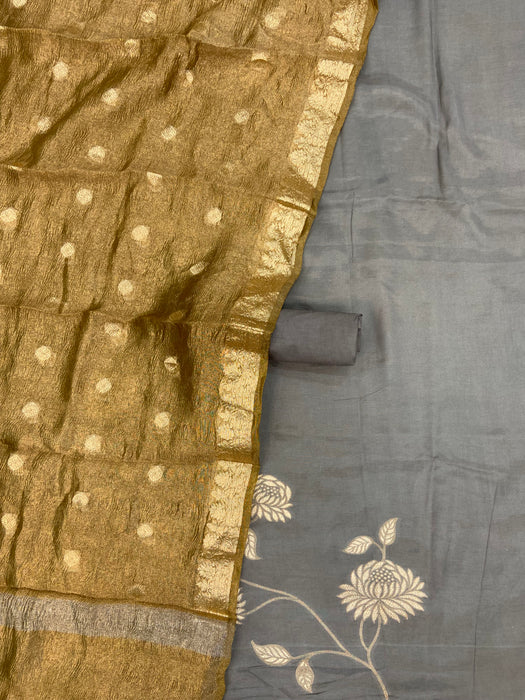 Pure Chanderi Cotton Banarasi Dress material - Chikankari With Organza Dupatta