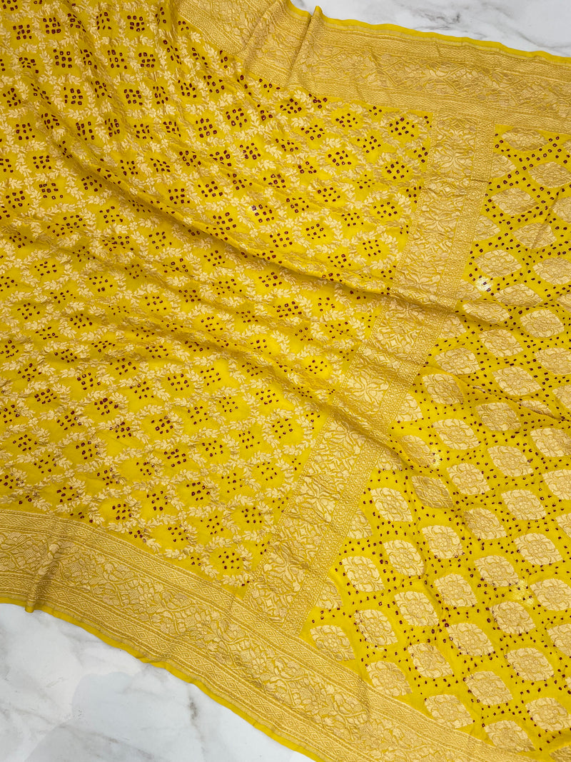 Yellow Pure Georgette Banarasi Bandhej Handloom Saree - The Handlooms