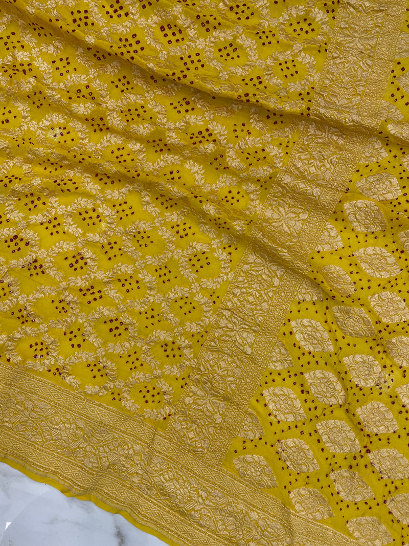 Yellow Pure Georgette Banarasi Bandhej Handloom Saree - The Handlooms
