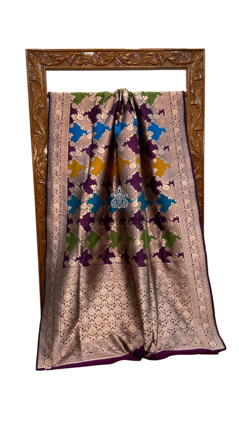 Multicolor Pure Katan Silk Banarasi Handloom Saree - All over Jaal Work With Rangkart