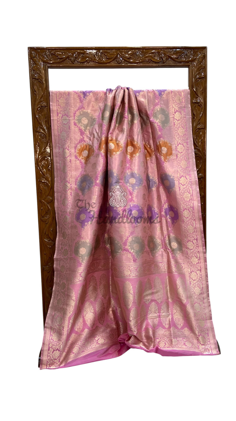 Multicolor Pure Katan Silk Banarasi Handloom Saree - All over Jaal Work With Rangkart