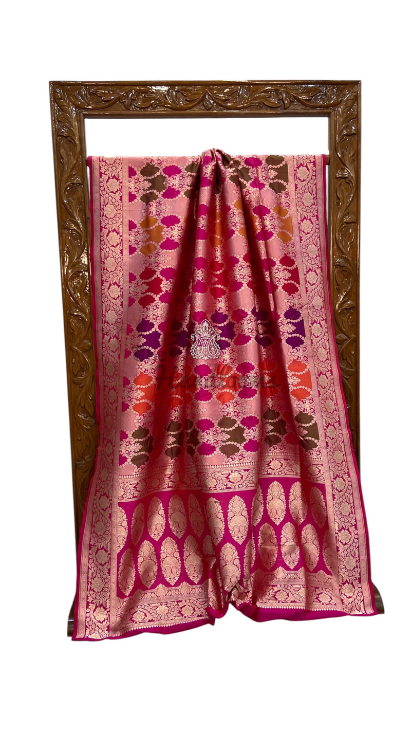 Multicolor Pure Katan Silk Banarasi Handloom Saree - All over Jaal Work With Rangkart
